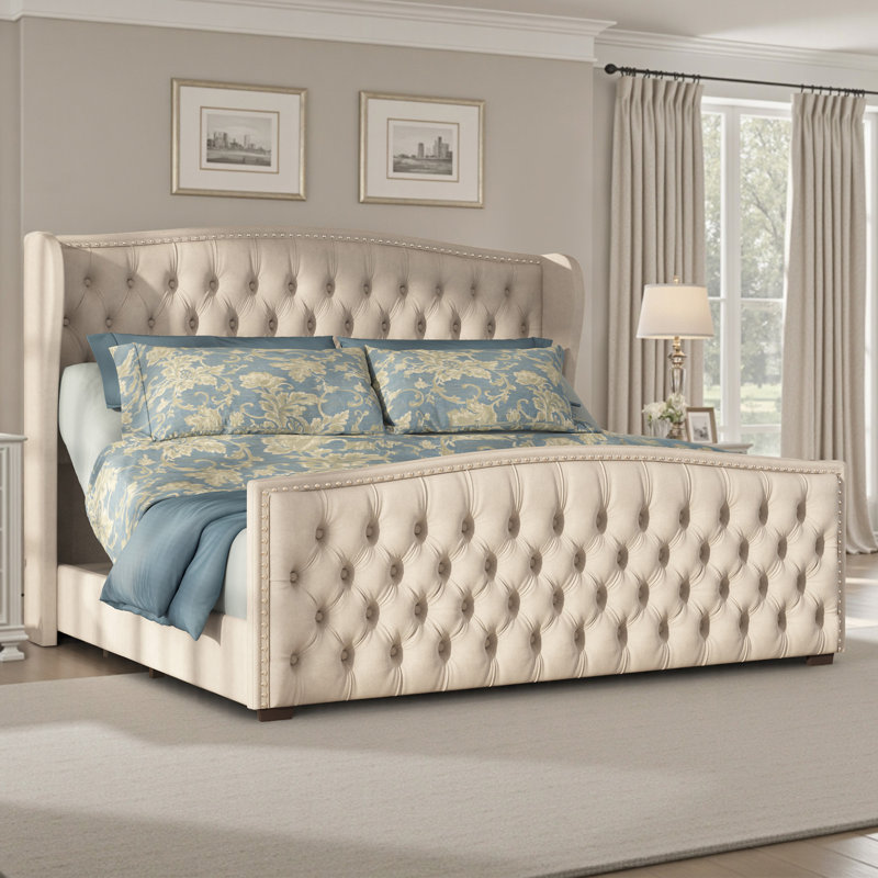 DuJuan 50.8"H Adjustable King Bed with Nailhead Trim Wingback & Deep Button Tufted Headboard, Cream, King, Cream