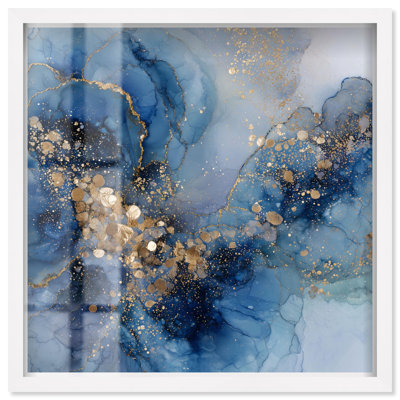 Sapphire Dust Radiance III Shadowbox Print Blue Gold Wall Decor by Art Remedy, White Frame, 24 x 24