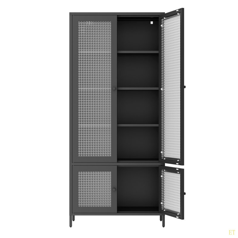 Large Metal Storage Cabinet Display Cabinet With 4 Glass Doors 5 Shelves Side Cabinet Bookcase Freestanding Cabinet For Bedroom Living Room Pantry Home Office, Waffle-Grids Tempered Glass