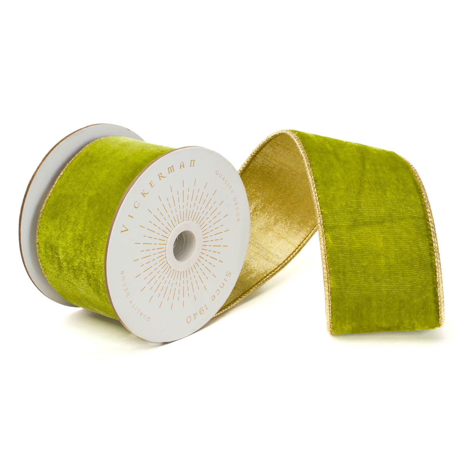Vickerman 10 Yds Velvet with Gold Trim/Backing Ribbon., Lime Green, 0.2" H x 360" W x 2.5" D