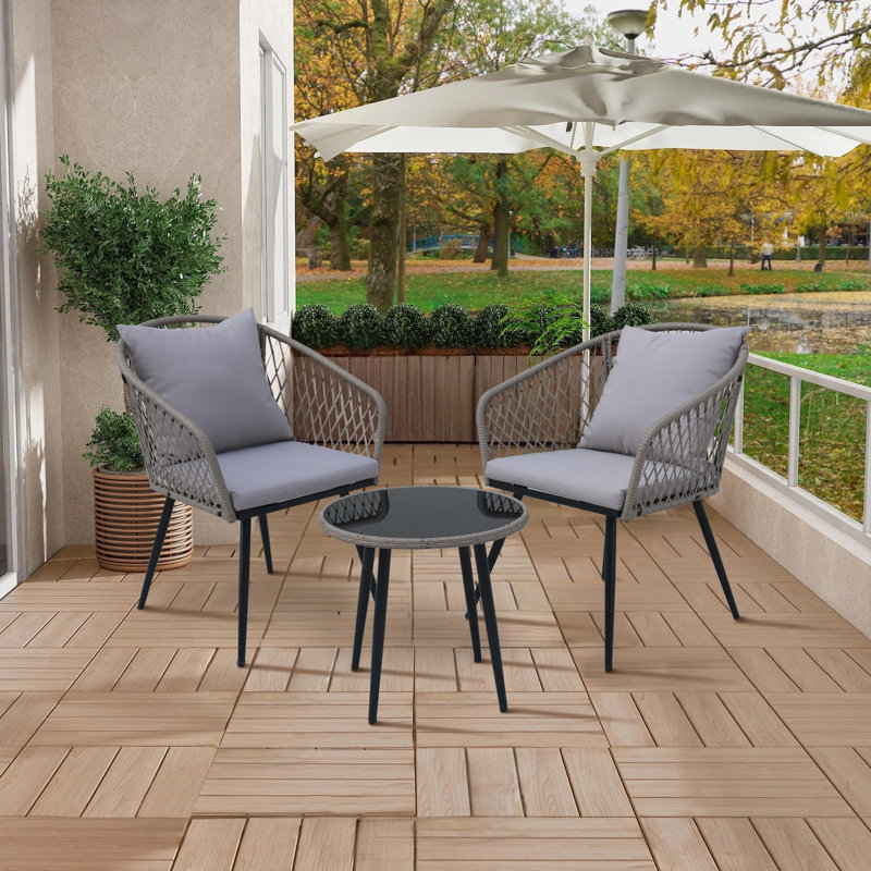 3-Piece Outdoor Patio Bistro Set – Modern Wicker Conversation Chairs with Glass Table & Cushions, Gray, Gray