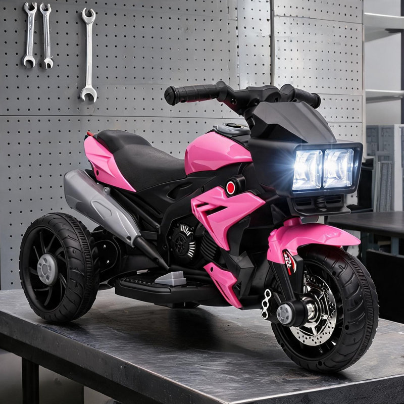 Moto à piles avec klaxon et musique, finition rose chaud, fabrication en acier et en PP, pour tout-petits