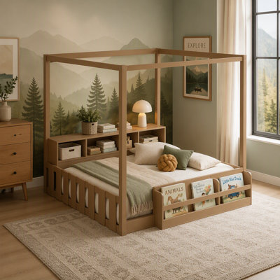 Lit sur pied Montessori avec clôture et garde-corps, cadre de lit pour enfant avec bibliothèque intégrée et tablettes de rangement, lit à baldaquin en bois avec lattes pour garçons filles