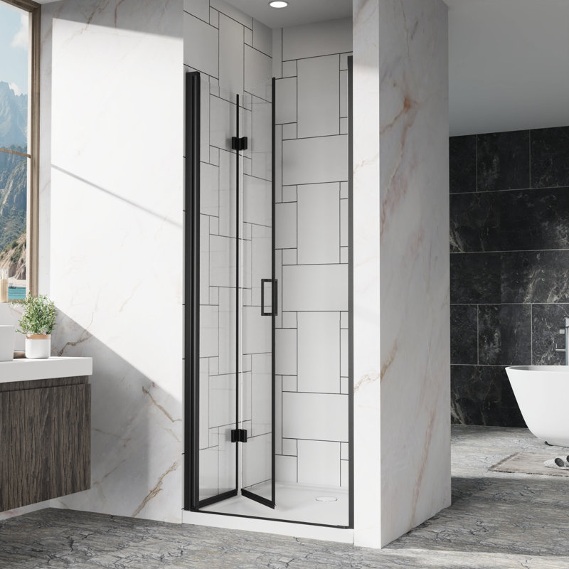 30"x 72" Pivot Shower Door With 1/4 Inch (6mm) Tempered Clear Glass, Black Finish, Reversible Installation, 90° Opening, Space - Saving Bi Folding Design Heavy Duty Zinc Alloy Handle Glass Door,