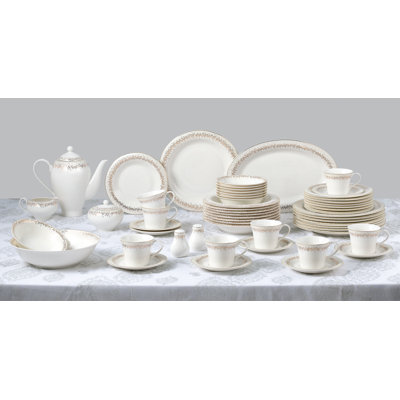 Service de table en porcelaine tendre Lorren Home Trends, blanc avec bordure dorée, collection repas formelle, service pour 8, 57 pièces