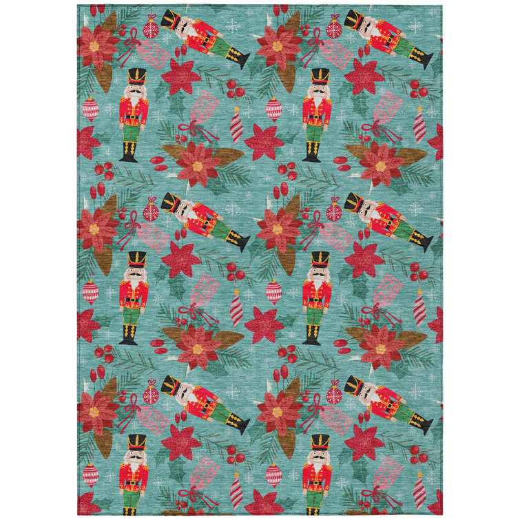 Machine Washable Indoor/Outdoor Christmas Nutcracker Xhevrie Teal Rug