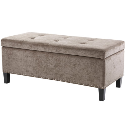 Banc de rangement à boutons avec grand espace et cadre en bouleau avec coussin de siège souple de couleur taupe
