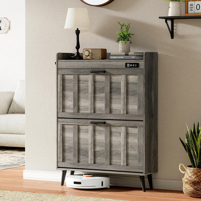 Armoire de rangement pour chaussures avec 2 tiroirs rabattables, rangement pour chaussures désodorisant pour vestibule, armoire de rangement étroite et étroite pour chaussures, gris