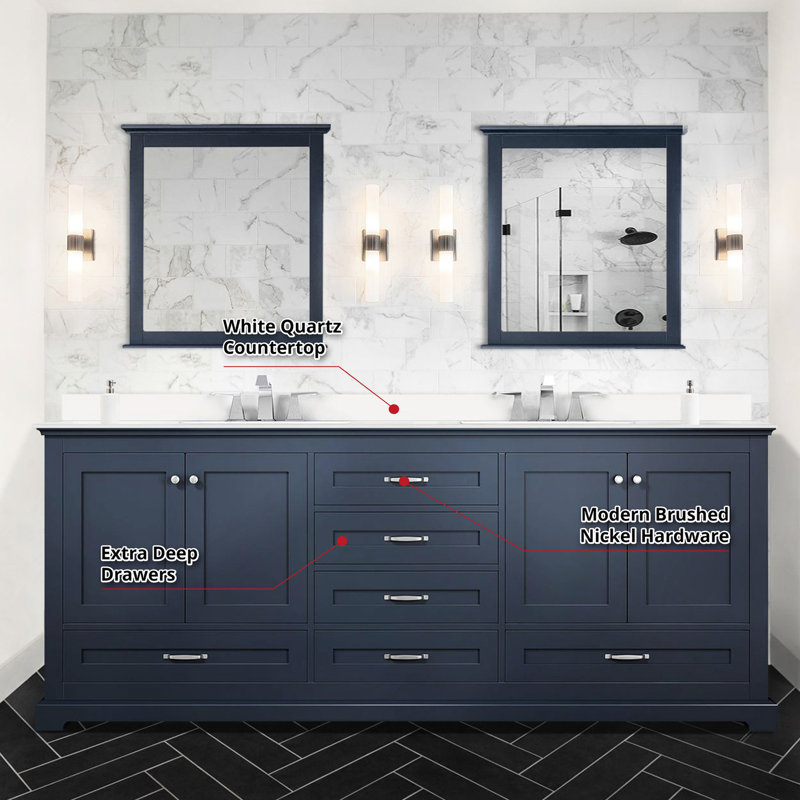 Bleu marine 80 po Ensemble de meuble-lavabo double avec comptoir en quartz et 30 miroirs - teint et rayé, 6 tiroirs, 2 armoires