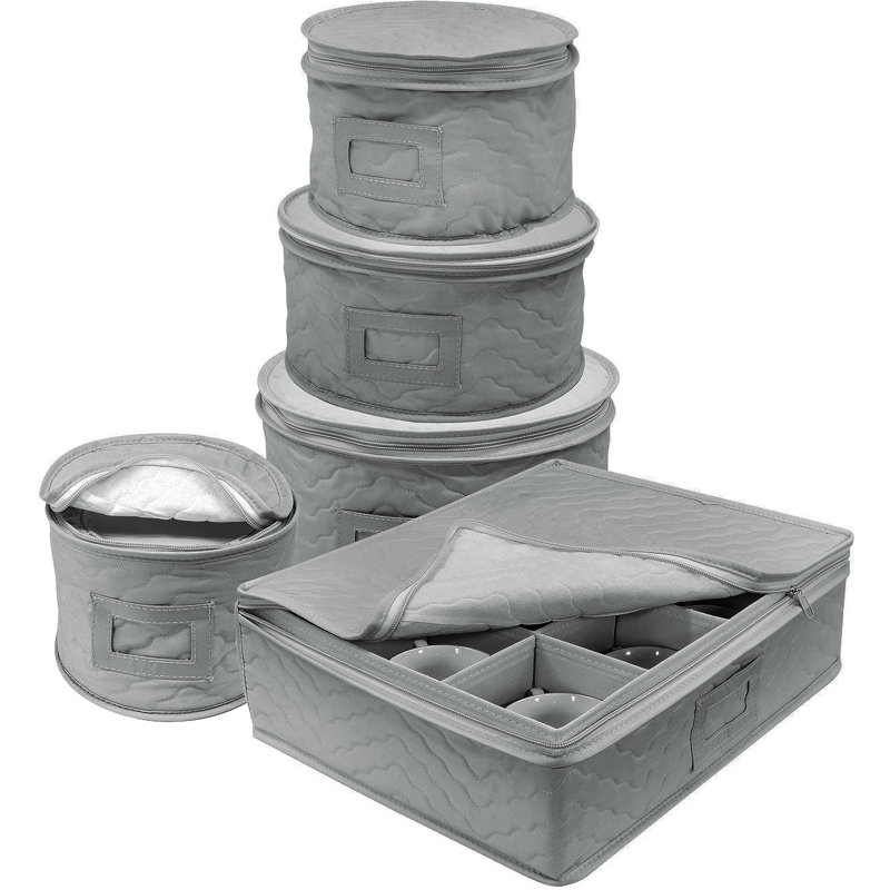 Gray Quilted Dinnerware Storage Set for Plates and Cups