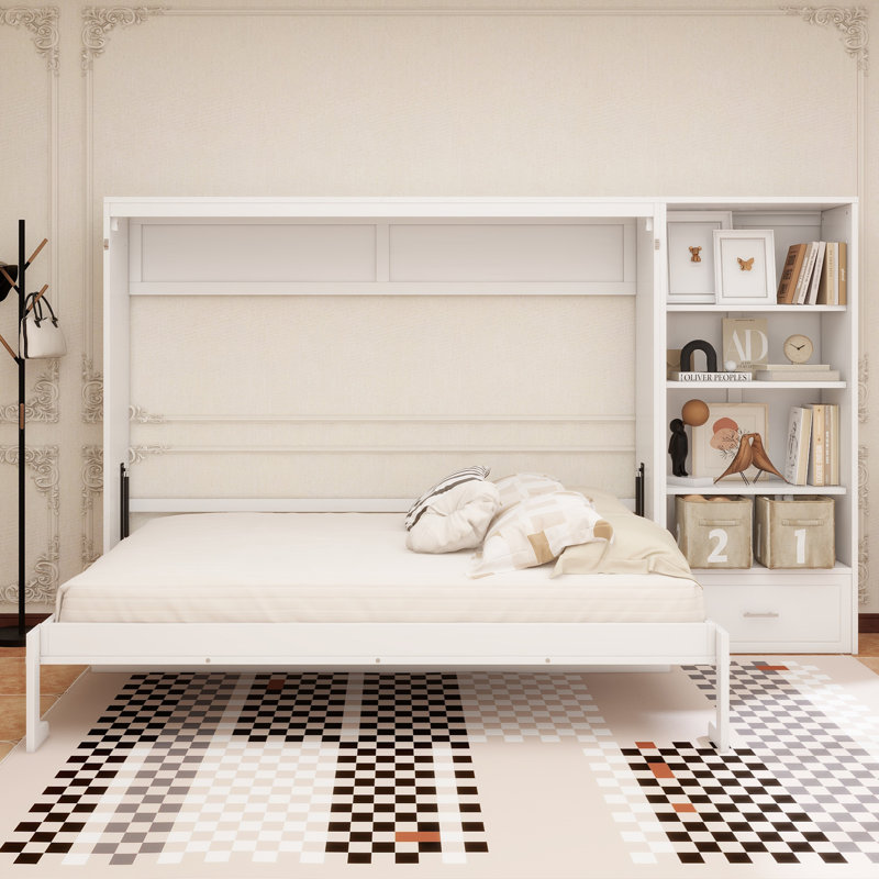 Grand lit escamotable avec compartiments de rangement et tablettes réglables en hauteur, cadre de lit mural avec 1 tiroir, lit plateforme pliable multifonctionnel pour petit espace, chambre à coucher, chambre d'amis, blanc