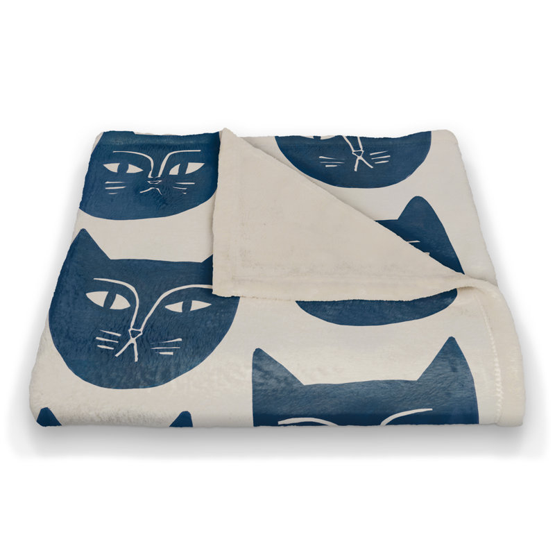 Hand Woven Throw Blanket, Navy/Cream Face Cat