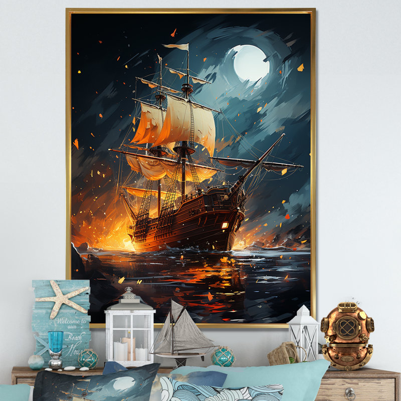 Galion bateau pirate II - bateau côtier, art mural, Cadre flottant doré, H 40 po x l 30 po x P 1,5 po