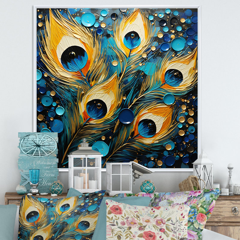 Plumes de paon sur toile, reproduction d'art, Cadre flottant blanc, H 30 po x l 30 po x P 1 po