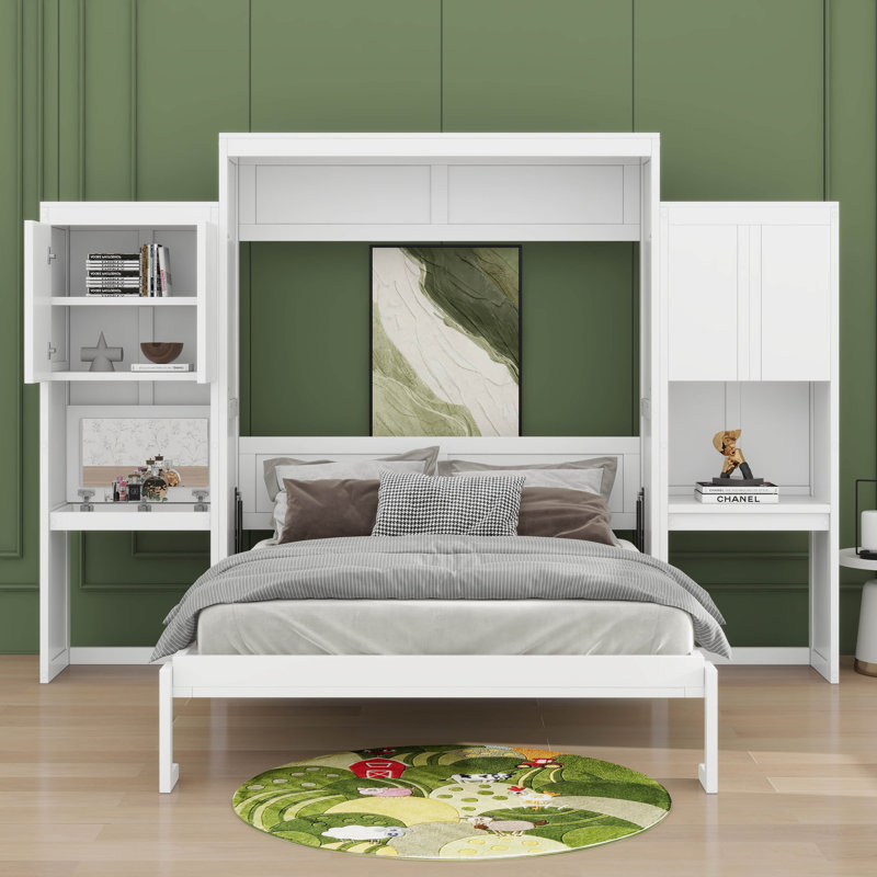 Grand lit escamotable avec armoire, bureau et coiffeuse, Blanc