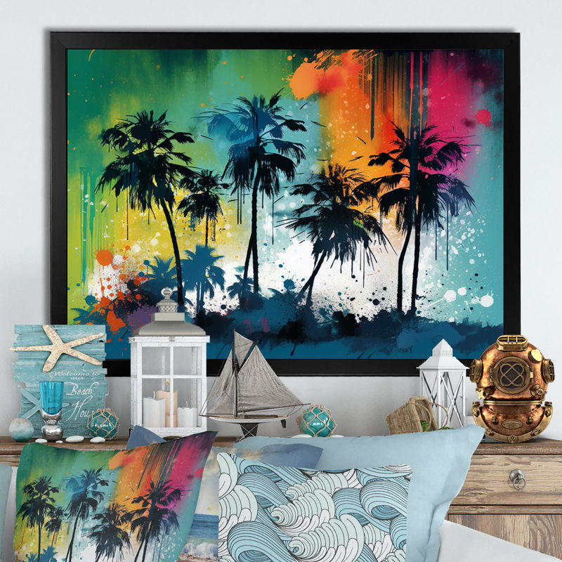 Vibrant Palm Trees I - Modern Landscape Beach, impressions sur toile, H 16 po x l 32 po x P 1 po