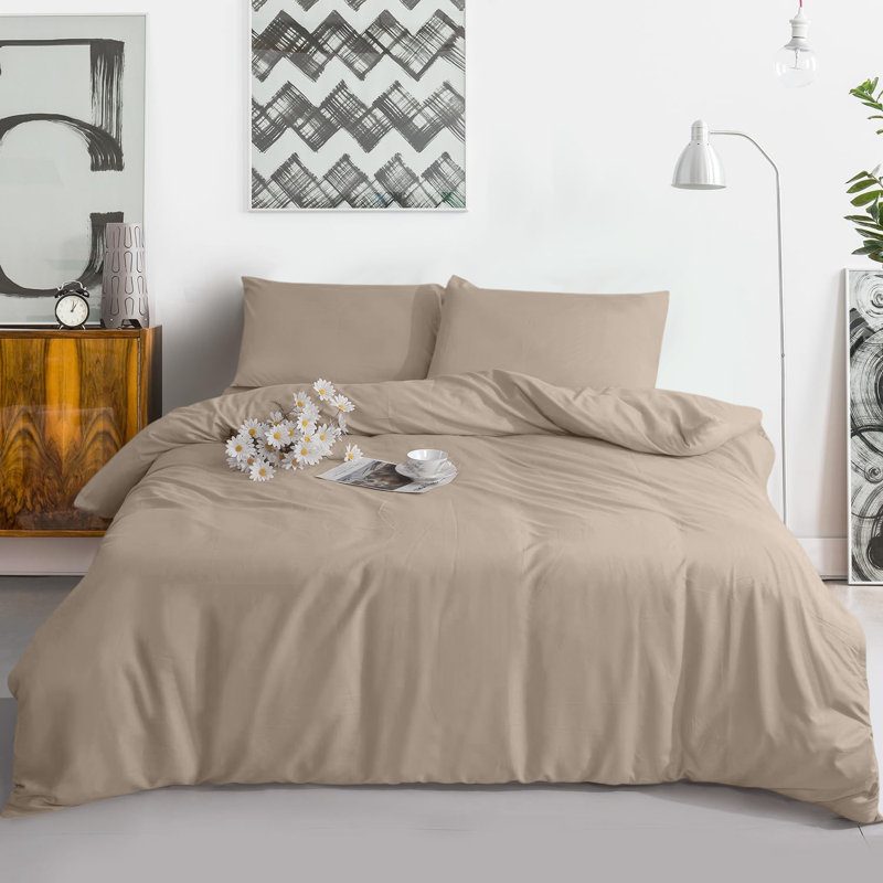 Dyed Duvet Complete Set With Matchnig Fitted Sheet and Pillow cover, Double Duvet Cover + 3 Additional Pieces, Beige