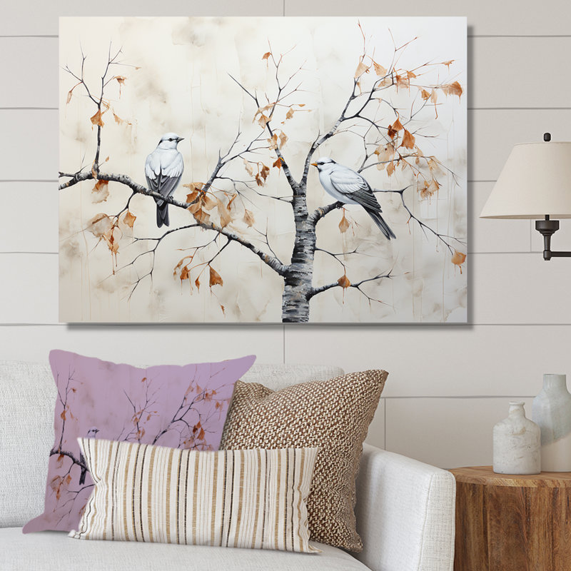 Arbre de bouleau avec oiseaux - Minimalisme, H 34 po x l 44 po x P 1,5 po, Toile tendue