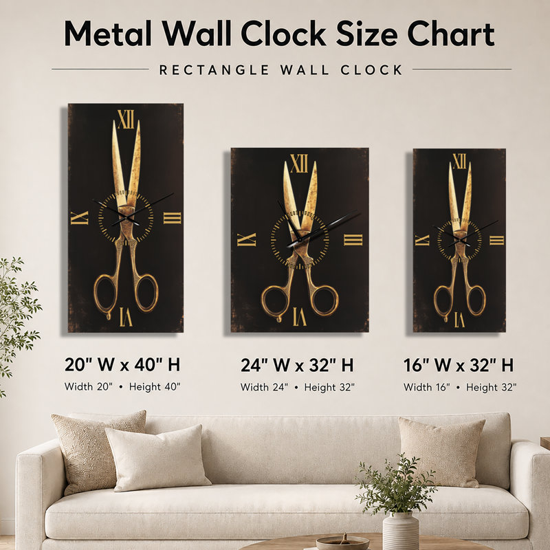 Ciseaux marron Van Dyke - Horloge murale vintage, H 32 po x l 16 po - Rectangle