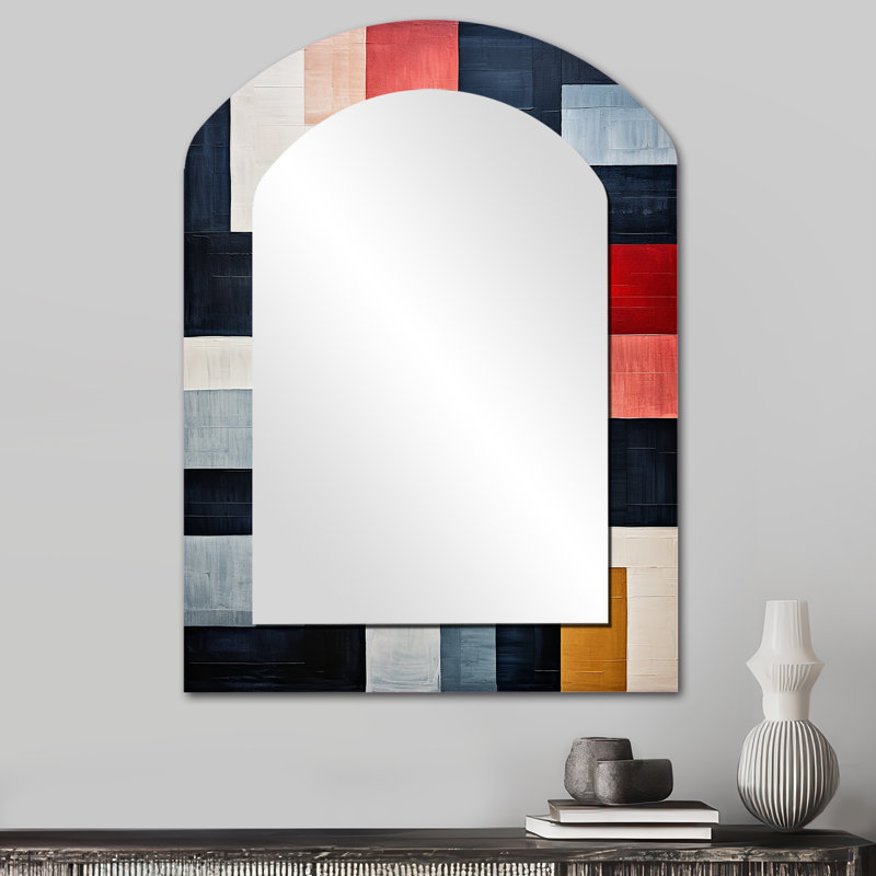 Indigo Illusion Abstract Shapes IV - Abstract Shapes Arch Wall Mirror, Black Asymmetrical Decorative Mirror, Printed Metal Art