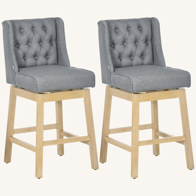 Bar Height Bar Stools Set Of 2, 180 Degree Swivel Barstools, 30" Seat Height Bar Chairs With Solid Wood Footres And Button Tufted Design, Grey