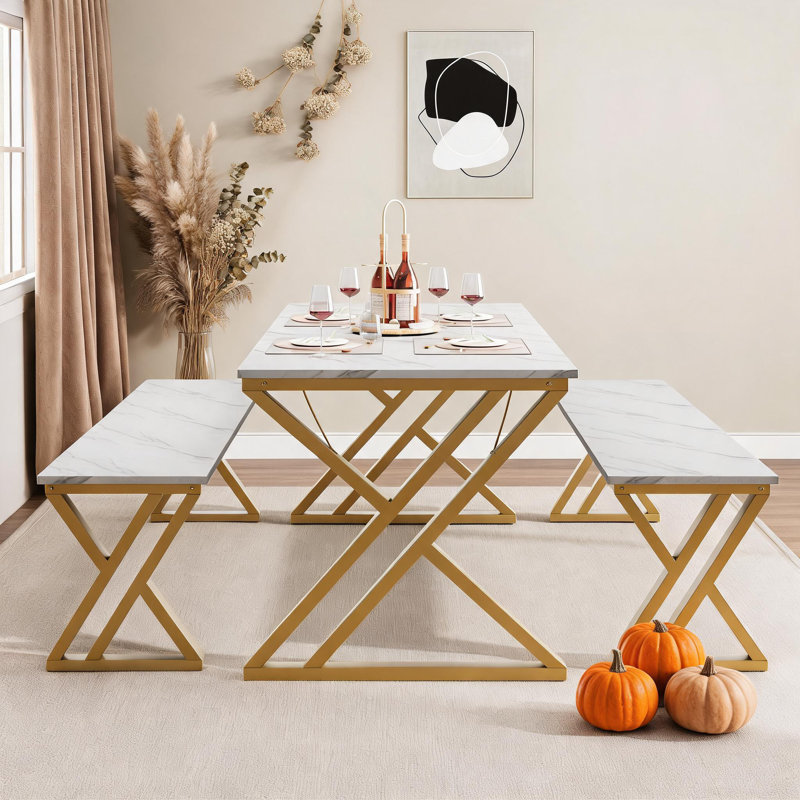 Ensemble table et bancs de cuisine, table à manger rectangulaire de 114 cm (44,8 po) pour 4 personnes, gain de place, structure en métal robuste avec cadre en X, idéal pour la cuisine, un appartement ou un studio.