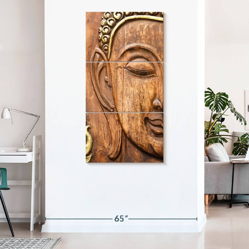 Bouddha en bois sculpté 3 pièces, H 80 po x l 39 po x P 1,25 po