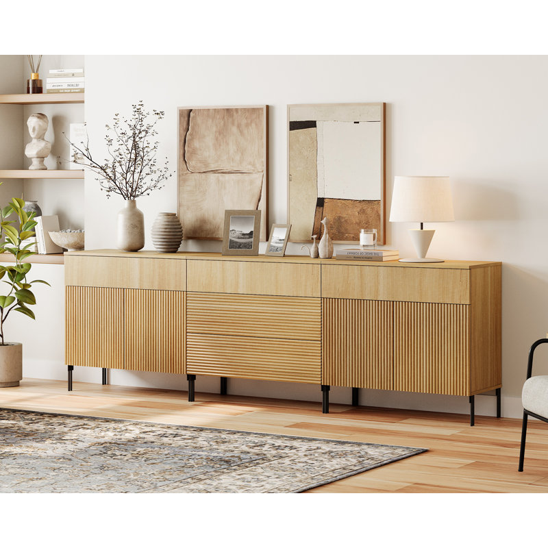 94.5" Reeded Accent Cabinet Set With Doors And Drawers, Modern Credenza Storage Cabinet With Metal Legs For Living Room, Kitchen, Dining Room, Hallway