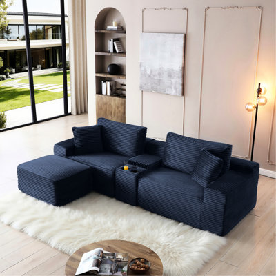 Canapé de coin modulaire bleu en velours côtelé, avec porte-gobelets, ports et coffre de rangement, idéal pour le salon. Aucun assemblage requis. Tissu doux et infroissable, parfait en toute saison. Fonction de chargement dissimulée. 4