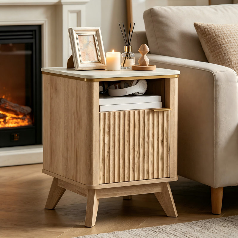 Wood Nightstand with Charging Station, Fluted Bedroom Nightstand, Bedside Table Chest, Yellow/White