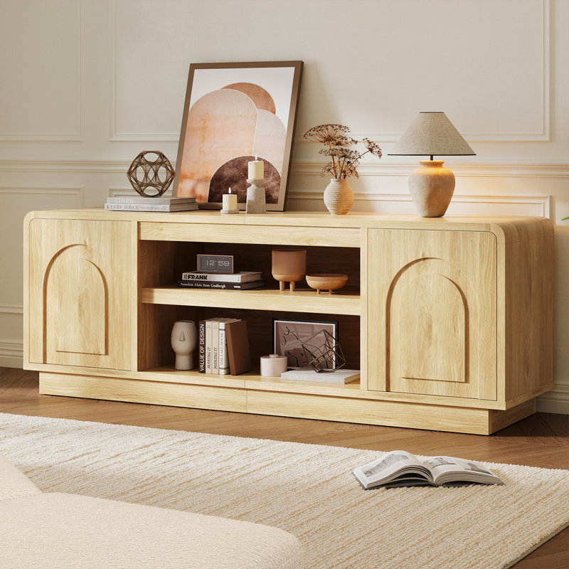 Meuble télé moderne de style Mid-Century de 63 pouces avec 6 passe-câbles, pour téléviseurs de 43 à 70 pouces, Natural Wood