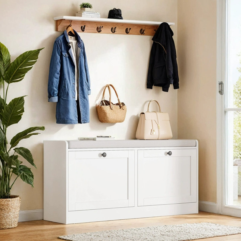Shoe Bench, Modern Entryway Bench With 2 Flip Drawers, Shoe Rack Bench With Padded Seat Cushion, Wooden Shoe Storage Bench For Entryway, Bedroom And Apartment