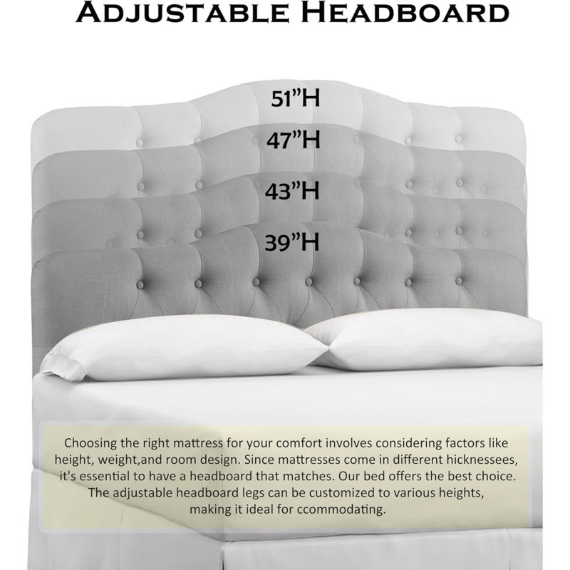 Tufted Upholstered Headboard, Solid Wood Head Board With Wood Legs, Adjustable Height Bed Headboard From 37” To 51” Fabric Headboard In Modern Button Design