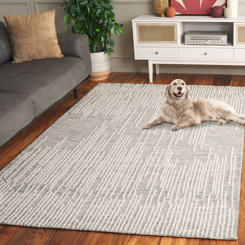 Tapis abstrait en laine / coton touffeté à la main Valeshia gris / gris clair / ivoire, Rectangle de 5 pi x 8 pi