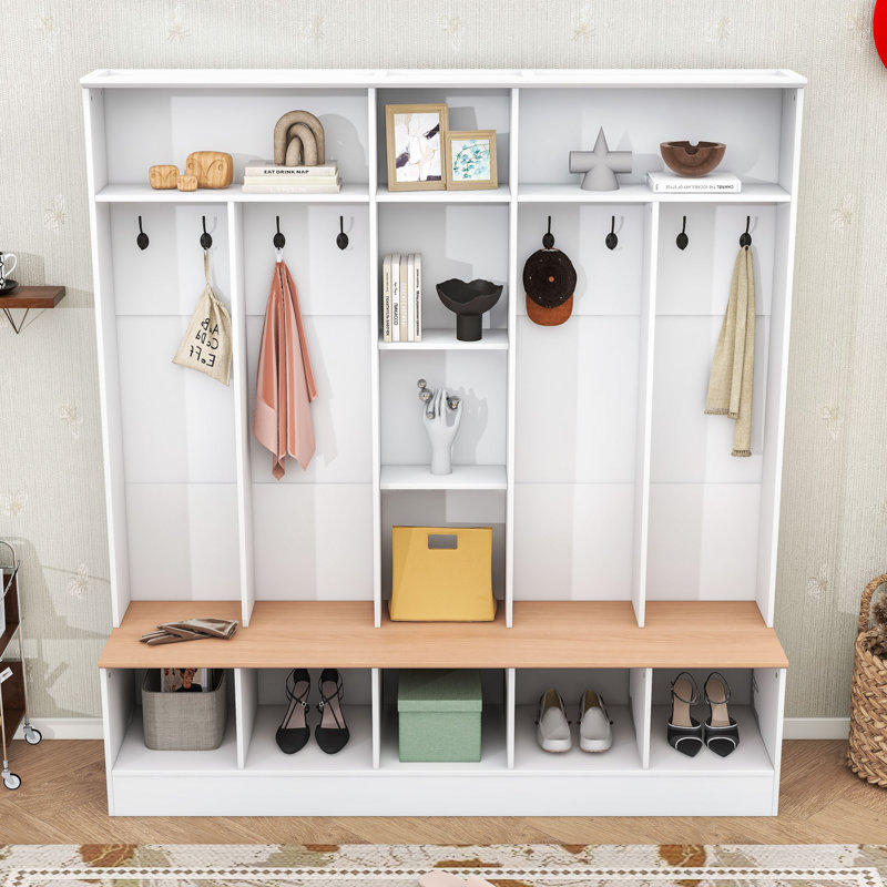 Arbre d'entrée moderne avec banc de rangement, crochets, cubes et tablettes ouvertes, Blanc