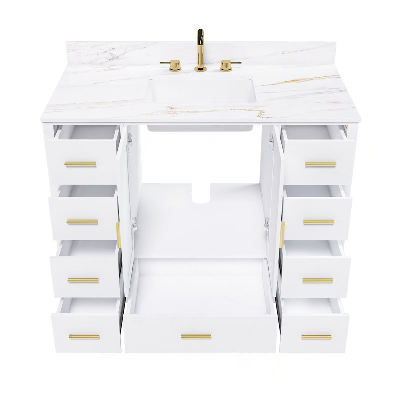 Meuble-lavabo moderne en bois massif de 42 po avec lavabo, comptoir en pierre frittée de Carrare de 43 po avec 3 trous pré-percés pour robinetterie, 2 portes doubles à fermeture douce et 9 tiroirs spacieux avec glissières.