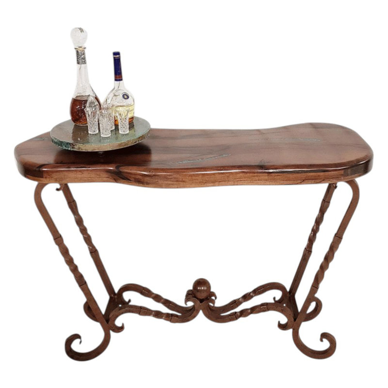 Freeform Mesquite Console Table: Handcrafted Rustic Entryway Table With Iron Base
