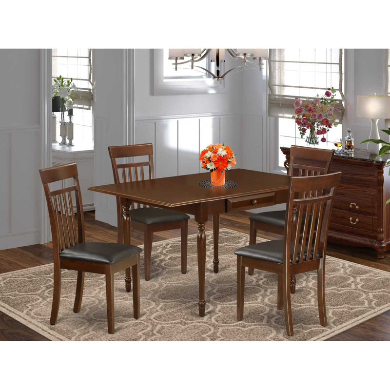 5 Piece Modern Dining Table Set Includes a Rectangle Wooden Table with Dropleaf and 4 Faux Leather Dining Room Chairs, 36x54 Inch, Mahogany