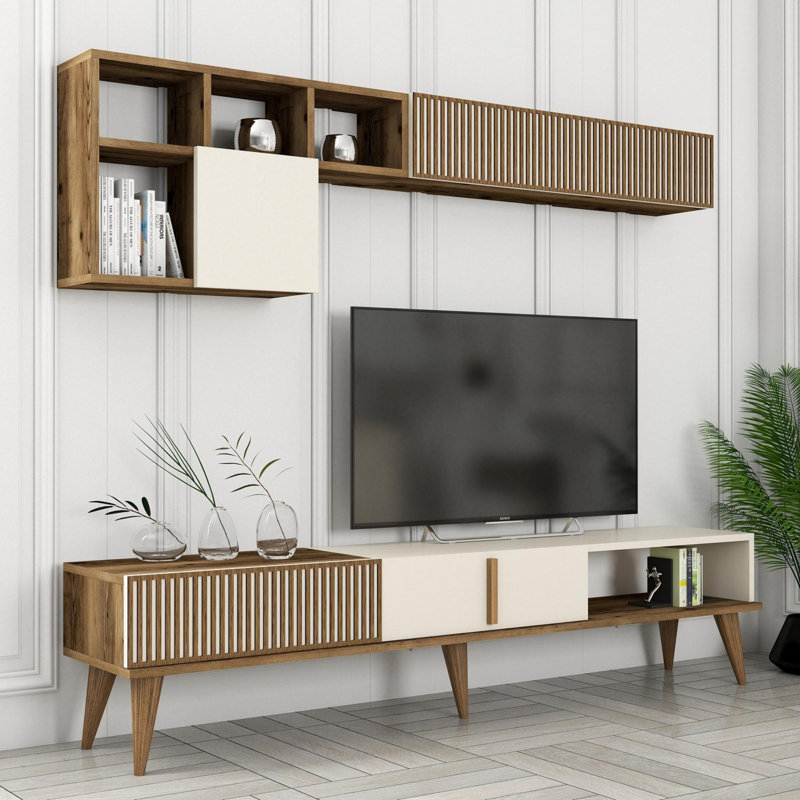 Modern TV Unit with Wall Shelf, Walnut & Anthracite, 70.9 x 15.7 x 13.8 Inches | 100% Melamine Coated Particle Board, Thickness: 0.7 Inches | Multiple Shelves, Geometric Design, Durable Plastic Legs, Perfect for Living Room Decor