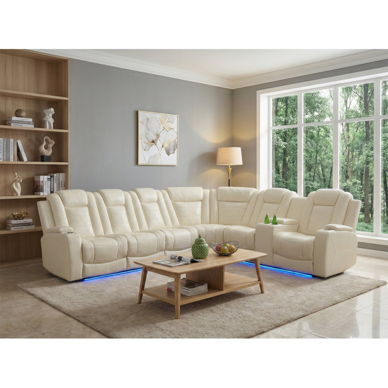 Off-White Genuine Leather 3-Piece Multi-Functional Recliner Sofa