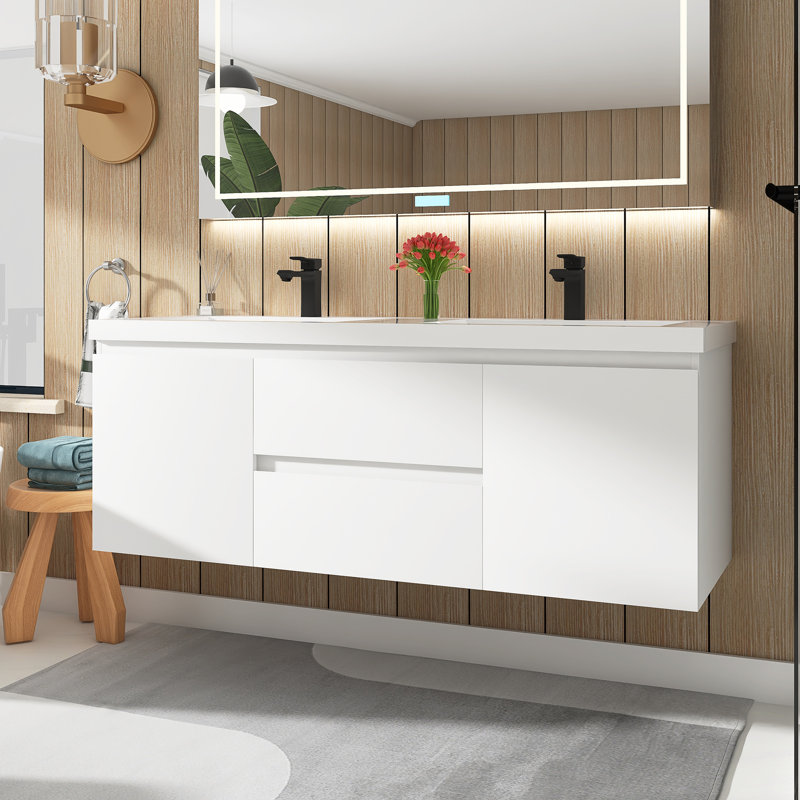 Meuble-lavabo double 60 po avec plateau en marbre Deziya, Blanc