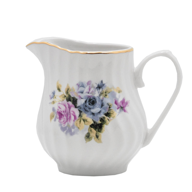 Ramsha White Porcelain Sugar Bowl with Lid & Creamer, embossed detail & 24 k gold trim 