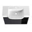 Meuble-lavabo mural blanc en céramique 28 po avec aspect chêne foncé, mécanisme de fermeture en douceur, 45 poignées cachées, armoire à une porte, deux tablettes ouvertes, finition à l'eau, fonction, design,