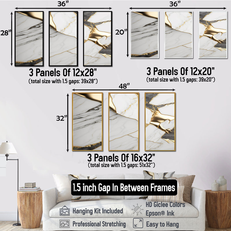 «Abstract Geode Marble White and Gold I», reproduction sur toile 3 pièces, H 28 po x l 36 po x P 1 po, Cadre flottant noir