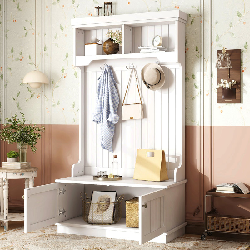 Hall Tree with Storage Shoe Bench for Entryway and Hallway, 4-in-1 Design Coat Racks with Hooks for Living Room, White, White