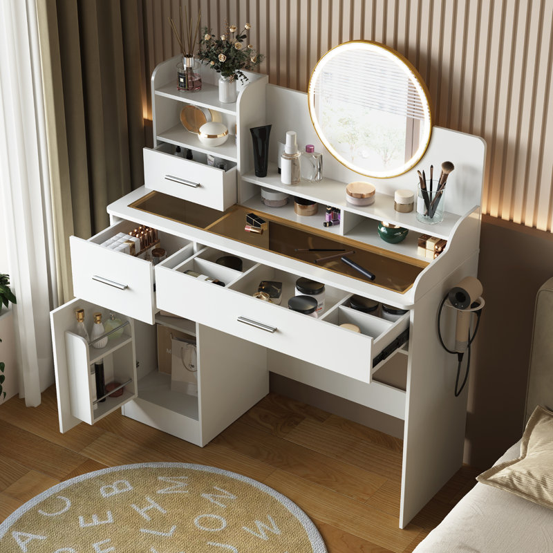 Meuble-lavabo transitionnel blanc avec miroir rond Wilce