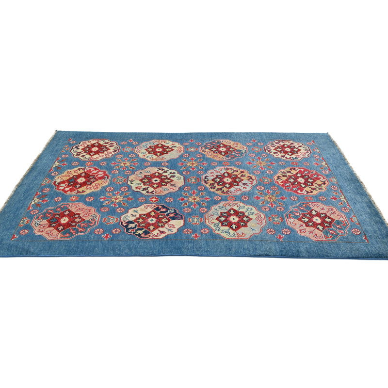 Tapis oriental unique géométrique moderne bleu 4 x 6 One-of-a-Kind