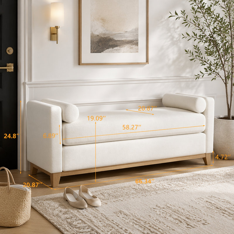 Banc rembourré en bois massif, 66,34 pouces, Beige + naturel