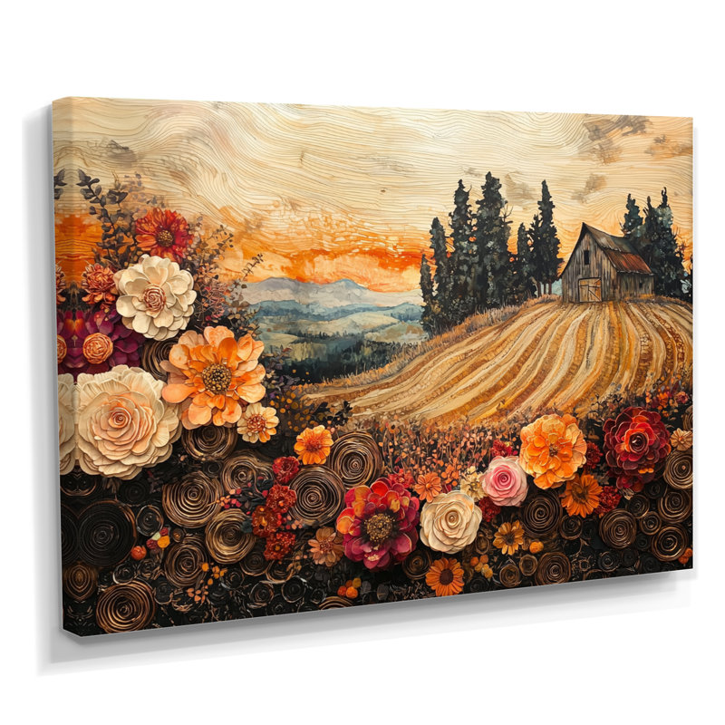 Assortiment de bouquets de fleurs, paysage de grange II - campagne, art mural, H 12 po x l 20 po, Toile tendue