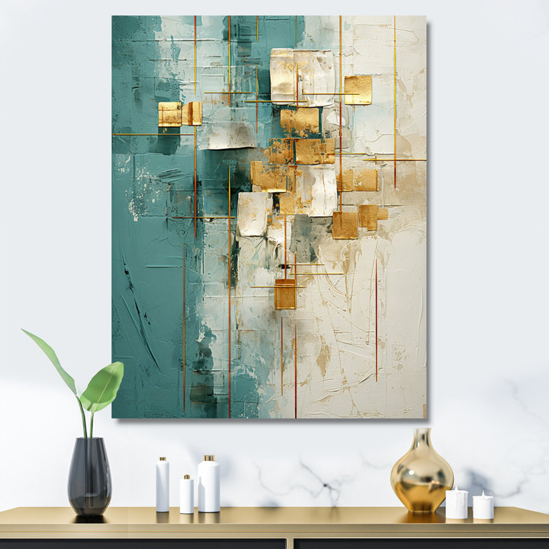 «California Sunshine Retro Abstract Gold Teal», reproduction d'art sur toile, H 40 po x l 30 po x P 1,5 po, Toile tendue